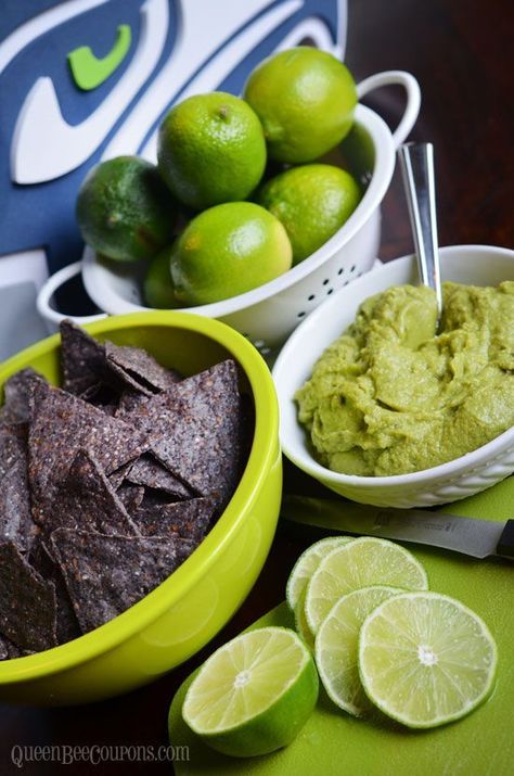 Healthier Super Bowl Sunday Recipes  | Joan Lunden Seahawks Food, Superbowl Party Food Healthy, Blue Tortilla Chips, Superbowl Sunday Food, Gameday Snacks, Football Apps, Seahawks Party, Green Chips, Chips And Guacamole