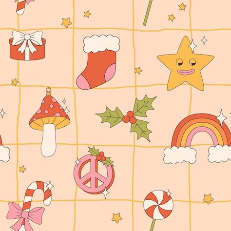 Groovy hippie christmas seamless pattern... | Premium Vector #Freepik #vector #seamless #fabric-pattern #textile-pattern #vintage-pattern Groovy Christmas Wallpaper, Retro Cartoon Style, Pc Backgrounds, Wrapping Paper Wallpaper, Hippie Christmas, Christmas Seamless Pattern, Groovy Christmas, Happy New Year Background, New Years Background