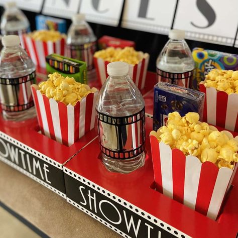 Classroom Movie Party, Private Movie Theater Party, Movie Night Candy Display, Movie Theatre Birthday Party Favors, Movie Theater Party Ideas, School Movie Night, Kids Movie Party, Movie Foods, Movie Night Party Decorations