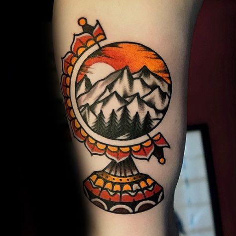 40 Traditional Mountain Tattoo Designs For Men - Old School Ink Ideas Traditional Mountain Tattoo, Traditional Lion Tattoo, Berg Tattoo, Old School Ink, Mountain Tattoo Design, Traditional Tattoo Sleeve, Landscape Tattoo, Elbow Tattoos, Tattoos Geometric