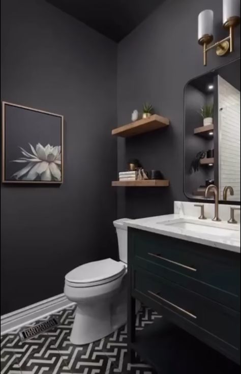 Black House Interior Design, Black House Interior, Small Bath, Grey Tiles, Bathroom Renos, Black House, Guest Bathroom, Powder Room, Bathroom Makeover