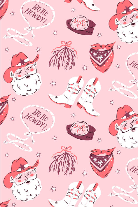 It's a very western Pinkmas! This cute pattern features cowboy santa, mistletoe tumbleweeds, ho ho howdy lassos and more! Illustrated by Krissy Mast Western Christmas Background Wallpapers, Texas Christmas Wallpaper, Disco Cowboy Wallpaper, Christmas Cowboy Wallpaper, Cowgirl Christmas Aesthetic, Cowboy Christmas Wallpaper Iphone, Western Christmas Phone Wallpaper, Christmas Cookie Background, Cute Western Christmas Wallpapers