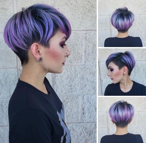 Plum Pixie Hair, Vibrant Pixie Hair Color, Vivid Pixie Hair, Colored Pixie Hair, Short Hair With Pink Highlights, Short Purple Hair Pixie, Colorful Pixie Cut, Short Coloured Hair, Cropped Bob