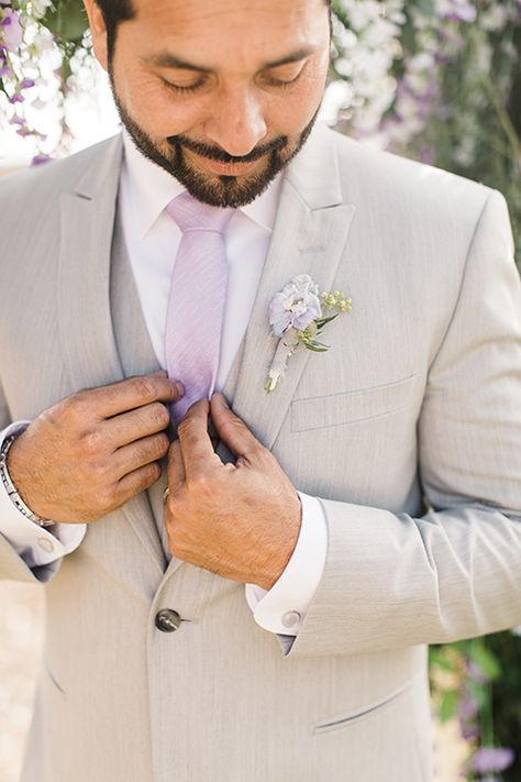 Romantic Winery Wedding | Stitch & Tie Blog | Stitch & Tie Groomsmen Attire With Lavender, White Suit With Purple Accents, Tan Suit With Purple Tie, Tan Suit Purple Tie, Groomsmen Attire Light Purple, Wedding Suits Groom Lilac, Grey Suit With Lilac Tie, Cream Colored Wedding Suit, Lavender Wedding Groom