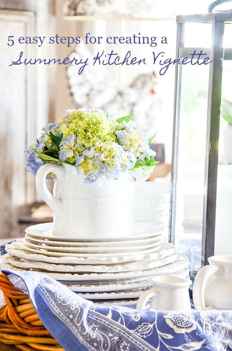 5 EASY TIPS FOR CREATING A SUMMERY KITCHEN VIGNETTE - StoneGable Kitchen Vignettes, Dried Hydrangeas, Planting Hydrangeas, White Dishes, Neutral Palette, Easy Summer, Home Staging, Summer Decor, Decorating Tips