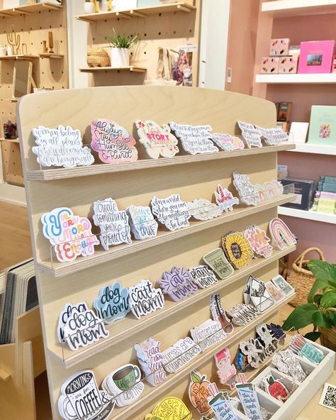 Pop Up Store Small Business, Acrylic Sticker Display, Sticker Retail Display, Sticker Display Ideas Retail Diy, Vendor Sticker Display Ideas, Sticker Holder Display, Displaying Stickers For Sale, Washi Tape Display, Sticker Vendor Booth