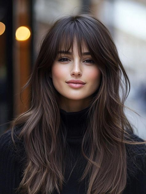 Long Layered With Bangs Haircuts, Long Hair With Layers And Fringe, Long Bangs With Medium Hair Side Part, Long Hair With Light Bangs, Curtain Layers Hair, Mid Hair With Curtain Bangs, Long Layered Hair With Bangs Round Face, Long Straight Hair Curtain Bangs, Face Framing With Bangs