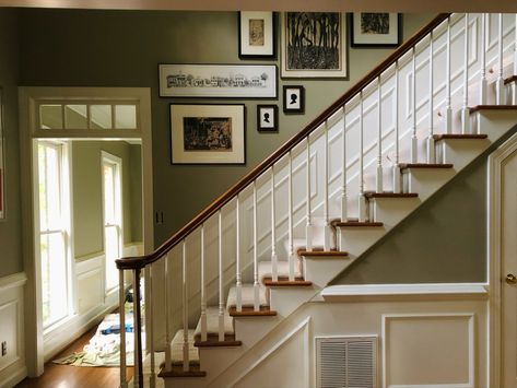 Nantucket Gray Benjamin Moore, Benjamin Moore Nantucket Gray, Foyer Wainscoting, Nantucket Gray, Staircase Molding, White Gallery Wall, Wainscoting Staircase, Wall Molding Design, Painted Wainscoting