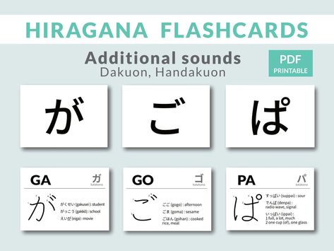 "This product is an \"additional\" resource for learning Hiragana. If you are new to studying hiragana, please start with the basics here. https://www.etsy.com/uk/listing/1076458436/ Check out our additional Japanese Hiragana flashcards. All you need to know about Japanese Hiragana (*Dakuon, Handakuon) is on one card, Hiragana characters, Romaji (pronunciation), Stroke orders, easy example words and Katakana characters with the same syllables. The cards contains 20 Dakuon and 5 handakuon Hiragan Hiragana Dakuon, Hiragana Flashcards, Learning Hiragana, Hiragana Alphabet, Hiragana Practice, Learn Japanese Beginner, How To Speak Japanese, Japanese Hiragana, Learning Vocabulary