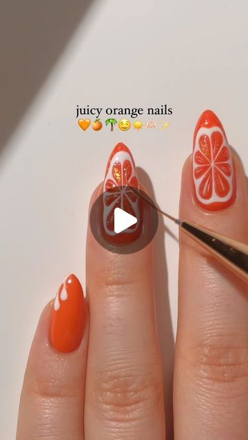 Paula 💅🏻🌙💗 on Instagram: "juicy orange nails! 🧡🍊🌴 i honestly had no idea what i was doing while painting these so idrk how i feel about this mani, but i think it looks cool nonetheless haha.. <3 — using: • @melodysusie_official  orange gel polish “Orange” 🧡 dark orange gel polish “Juicy Orange” ❤️ white gel polish “Snow White” 🤍 sparkly orange gel “Hot Orange” 🍊  rhinestone glue gel gel top coat (use my code paular12 for 12% off! 💸) #orangenails #fruitnails #summernails #coolnails #nailart #nailarttutorial #nailinspo #naildesign #diynails #nails2inspire #reels" Orange Slice Nail Art, Bright Orange Gel Nails, Acrylic Nails With Oranges Fruit, Orange Fruit Nail Designs, Orange Bird Nails, Bio Sculpture Gel Nails, Bio Sculpture Gel, Bio Sculpture, Gel Top Coat