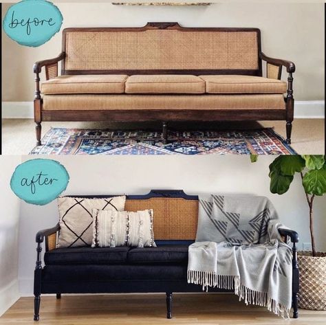 Rattan Couch Makeover, Wicker Sofa Living Room, Rattan Furniture Makeover, Couch Makeover, Restore Furniture, Cane Sofa, Wooden Couch, Sofa Makeover, Sofa Design Wood