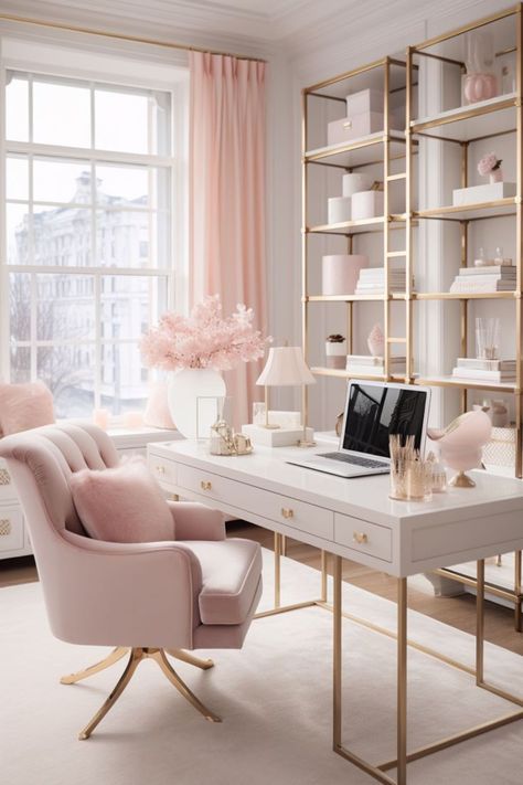 Feminine Home Office with Pink and Green decor Elegant Home Office, Feminine Office, Feminine Home Offices, Cozy Home Office, Pink Office, White Desk, Office Room Decor, White Office, Home Office Ideas