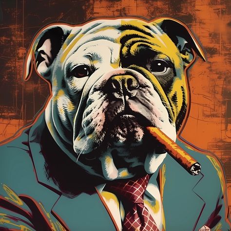 Painting of a Bulldog Dressed in a Suit Smoking a Cigar Dogs In Suits Painting, Art Style Painting, English Bulldog Art, Bulldog Drawing, Edgy Art, Cigars And Women, Dapper Dogs, Dog Pop Art, Picasso Style