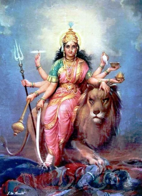 Goddess Durga Artist: S. M. Pandit. Poster Colour Painting. (via Twitter: Artist R. B. Yadav) Adi Parashakti, Aadi Shakti, Saraswati Goddess, Durga Painting, Shakti Goddess, Durga Images, Kali Goddess, Hinduism Art, Devi Durga