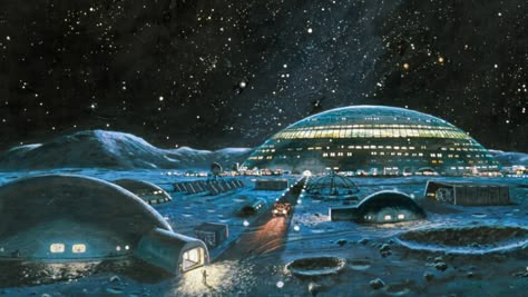 BBC - Future - Should we build a village on the Moon? Space Cities, Moon Hotel, Space Hotel, 70s Sci Fi Art, Eve Online, Mike Mignola, Sci Fi Environment, Building Illustration, Classic Sci Fi