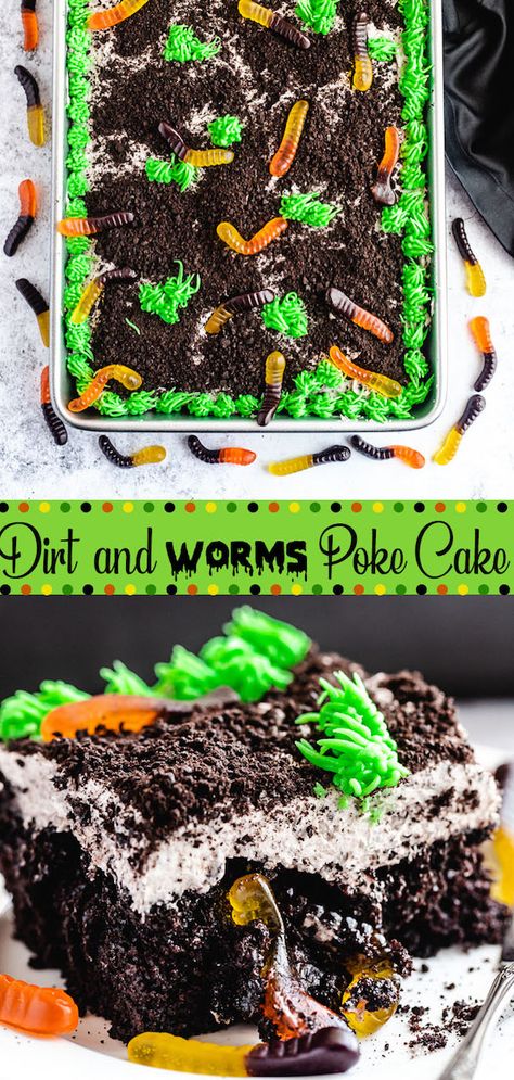 This Dirt and Worms Poke Cake is a fun dessert the kids will surely enjoy! Moist black chocolate cake filled with chocolate pudding, oreo crumbs and creepy-crawly gummy worms. Top with oreo cream cheese frosting, more oreo “dirt” and gummy worms for a perfectly easy Halloween dessert! #cake #dirtcake #halloween #pokecake #easy #dessert #chocolatecake #creamcheesefrosting #cookiesandcream Black Chocolate Cake, Dirt And Worms, Pudding Oreo, Oreo Cream Cheese Frosting, Oreo Dirt Pudding, Worm Cake, Oreo Cream Cheese, Dirt Cake Recipes, Oreo Dirt