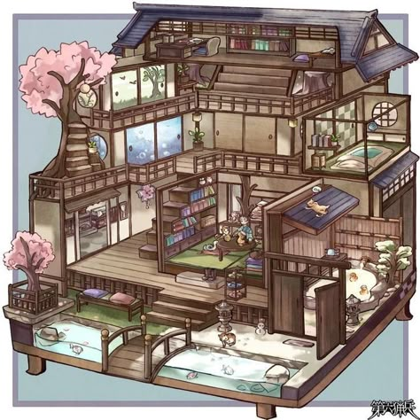 House Exterior Reference, Isometric Japanese House, Cozy Room Drawing, Japanese House Design, Lake Food Ideas, Seni Dan Kraf, Sims Building, Isometric Art, Sims House Design