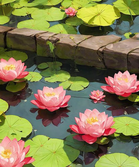 Lotus Gouache Painting, Water Lilies Illustration, Lotus Lake Painting, Lotus Pond Illustration, Flower Scenery Drawing, Water Lilies Drawing, Water Lilies Aesthetic, Water Lily Aesthetic, Lilypad Photography