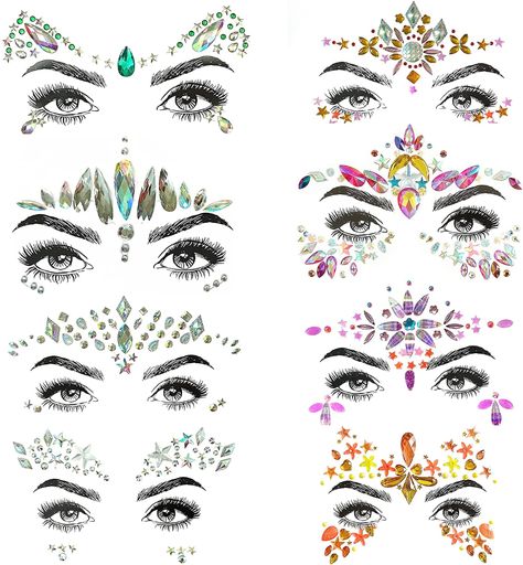 Tattoo For Birthday, Festival Face Jewels, Face Rhinestones, Carnival Holiday, Face Crystals, Crystal Tattoo, Festival Face, Crystal Stickers, Mermaid Glitter