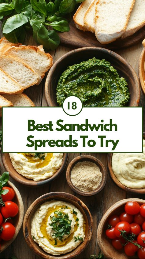 A variety of sandwich spreads, including classic mayo, pesto, and hummus, displayed alongside fresh bread and sandwich ingredients, ready to inspire new meal ideas. Deli Lunch Ideas, Sandwich Spreads Healthy, Easy Sandwich Spreads, Vegetarian Sandwich Spreads, Sandwich Spreads Ideas, Sandwich Condiments, Sandwich Shop Design, Veggie Sandwich Spread, Make Ahead Sandwiches