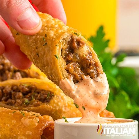 Cheeseburger Spring Rolls (Cheesecake Factory Copycat) Cheeseburger Spring Rolls, Egg Roll Sauce, Fried Zucchini Sticks, White Castle Burgers, Copycat Cheesecake Factory, Cheesecake Factory Copycat, Slow Roasted Italian, Cheesecake Factory Recipes, Fried Spring Rolls