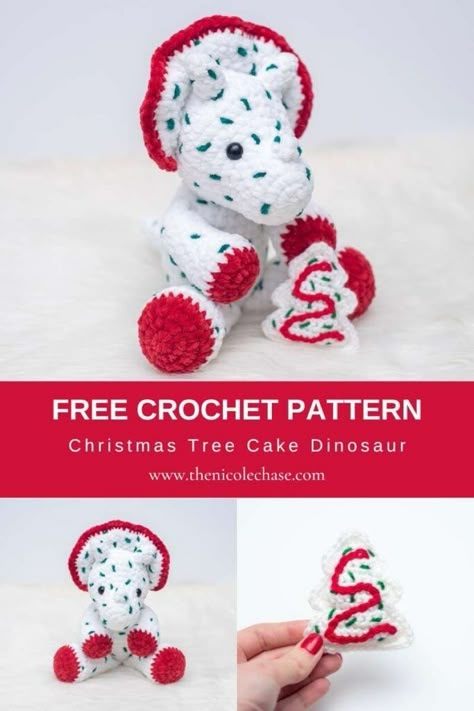 Christmas Tree Cake Crochet Pattern and Dinosaur Mod Christmas Crochet Patterns Free Grinch, Christmas Tree Cake Crochet, Crochet Christmas Tree Cake, Crochet Amigurumi Free Patterns Christmas, Christmas Crochet Patterns Free Gift, Easy Plush Crochet Pattern Free, Crochet Little Debbie Tree Cake, Crochet Big Amigurumi, Crochet Free Christmas Patterns