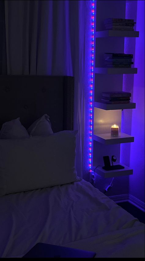 Minimalist Bedroom Led Lights, Room Purple Aesthetic, Led Purple Bedroom, Purple Room Ideas, Purple Room With Led Lights, Purple Led Bed, Black Room With Purple Led Lights, Bedroom Purple Led, Purple Lighting