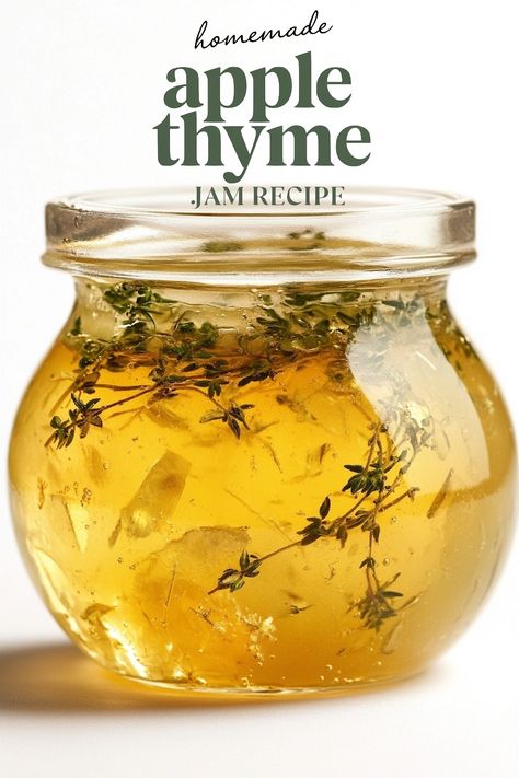 Close-up of a glass jar filled with apple thyme jam, garnished with fresh thyme sprigs, highlighted by a text overlay 'homemade apple thyme jam recipe' Apple Thyme Jelly, Fall Jams Canning Recipes, Unique Jam Flavors, Fall Jam Recipes, Unique Jam Recipes, Holiday Jam, Apple Jam Recipe, Fall Jams, Canning Jam Recipes