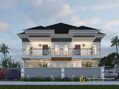 4 bedroom semi detached duplex (Ref. 4062) Pan Cost: ₦375,000.00 2 units Four bedroom semi-detached Ground floor: Waiting room Living and dining room Kitchen Store Guest room en-suite Guest WC First floor: 3 rooms en-suite Balcony Total Floor Area 460 square meters Length 18 meters Breadth 12.9 meters No. of- see more 2 Floor House Plans 4 Bedroom, Semi Detached Duplex Design, 3 Bedroom Semi Detached House Plans, Semi Modern House, 4 Floor Building Design, Double House Design, Semi Detached House Exterior, Modern Semi Detached House, Semi Detached House Design