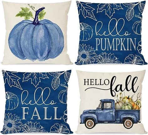 Love these amazing fall pillow cases that match my outdoor patio furniture. Thick and well made. Fall Pillow Covers, Thanksgiving Home Decorations, Blue Pumpkin, Fall Pillow, Plaid Throw Pillows, Fall Throw Pillows, Fall Pillow Cover, Couch Decor, Pumpkin Truck