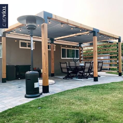 Square Pergola Ideas, Toja Grid Pergola 6x6, Post And Beam Pergola, Modern Farmhouse Pergola, Pergola Off Of House, Toja Grid Pergola Ideas, Pergola Ideas On A Budget, Covered Pergola Attached To House, Diy Pergola Attached To House