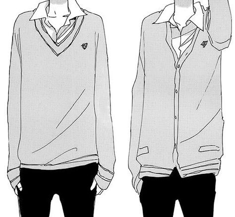 Highschool male uniform : sweater, collared shirt underneath, optional tie; pants (not tight but not super baggy) Uniform Drawing, Boy School, Boy Uniform, Anime Uniform, Manga Clothes, School Uniform Outfits, Anime School, Shirt Drawing, Boys Uniforms