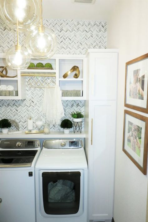 Grey Laundry Rooms, Stacked Laundry Room, Laundry Room Ideas Small Space, Small Laundry Room Makeover, Stylish Laundry Room, Laundry Room Renovation, Farmhouse Laundry Room, Laundry Room Diy, Small Laundry Rooms