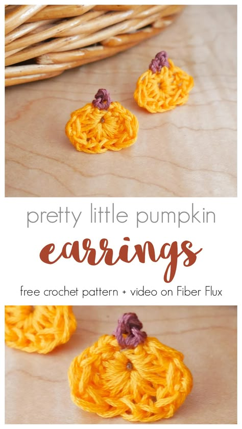 Pretty Little Pumpkin Earrings, Free Crochet Pattern + Video - fiberfluxblog.com Crochet Fall Decor, Crocheted Earrings, Fall Crochet Patterns, Leaves Earrings, Front Post Double Crochet, Crochet Earrings Pattern, Earrings Pattern, Crochet Fall, Crochet Pumpkin