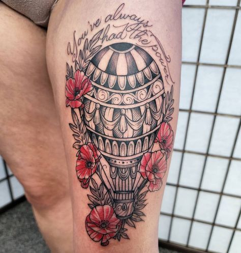 Tattoo Hot Air Balloon, Hotairballoon Tattoo, Wizard Of Oz Poppies, Wizard Of Oz Tattoo, Oz Tattoo, Tattoo 2022, Hot Air Balloon Tattoo, Air Balloon Tattoo, Poppy Flower Tattoo