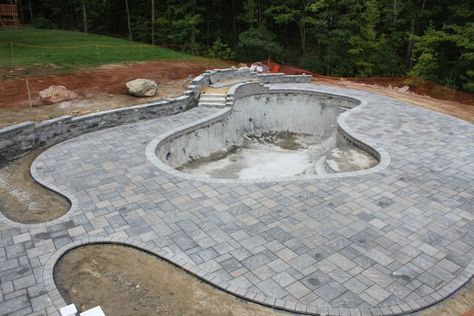 Gray Pavers Around Pool, Grey Pavers Around Pool, Techo Bloc Blu 60 Champlain Gray, Gray Pavers, Concrete And Pavers, Pool Lanai, Cabin Patio, Grey Pavers, Apartment Patio Gardens