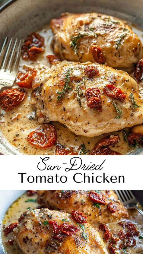 Discover the perfect fall recipe with this creamy sun-dried tomato chicken. Made in one pan, it’s a quick and easy dinner idea that’s bursting with bold flavors. The creamy sauce and tender chicken make it a standout dish, ideal for family meals or entertaining guests. Tomato Recipes Healthy, Sundried Tomato Chicken, Sun Dried Tomato Sauce, Tomato Cream Sauce, Tomato Chicken, Flavorful Dinner, Pumpkin French Toast, Fall Recipe, Quick And Easy Dinner