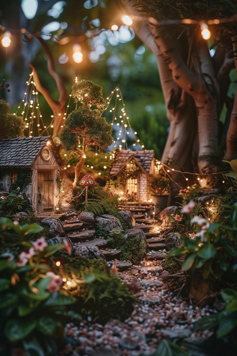 Fairy Garden Miniatures Diy, Backyard Fairy Garden Ideas, Garden Village Ideas, Fairy Village Ideas, Outdoor Fairy Garden Diy, Fairy Gardens Ideas, Plant Pot Painting Ideas, Fairy Garden Lights, Fairy Yard