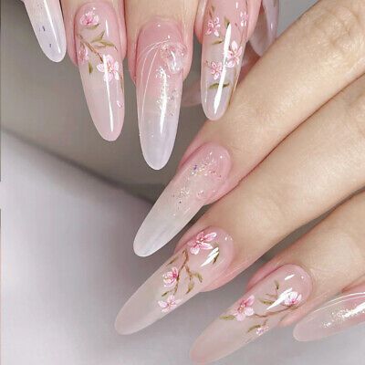 ad eBay - Handmade Ombre Flowers Pink False Nail Long ALmond Press on Nail Nail Art - Buy Now, click the link (eBay) Pink Ethereal Nails, Fairytale Wedding Nails, Philippines Nails, Pink Long Almond Nails, Real Flower Nails, Pink Pretty Nails, Nail Long Almond, Pink Kawaii Nails, Wedding Nails Pink