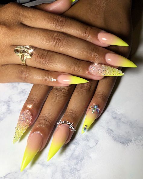 Caribana Nails, Yellow Stiletto Nails, Stiletto Nail Art, La Nails, Art Design Ideas, Colorful Nail, Dip Nails, Birthday Vacation, Stiletto Nails Designs