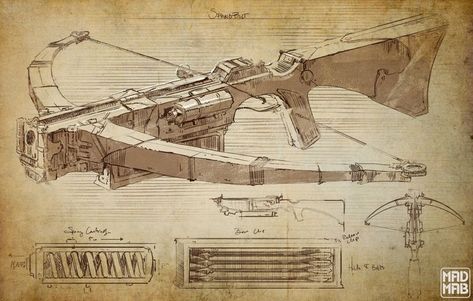 Crossbow Design Concept Art, Dnd Crossbow Item, Fantasy Crossbow Concept Art, Dnd Crossbow Designs, Repeating Crossbow Fantasy, Crossbow Concept Art, Crossbow Fantasy, Dnd Crossbow, Crossbow Reference