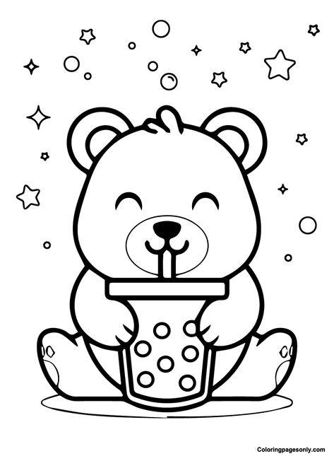 Cute Bear With Boba Tea Boba Coloring Page, Printable Sanrio, Sanrio Boba, Bear Drinking Coffee, Tea Coloring Pages, Kawaii Drinks, Coloring Pages Preschool, Panda Coloring Pages, Easter Coloring Book