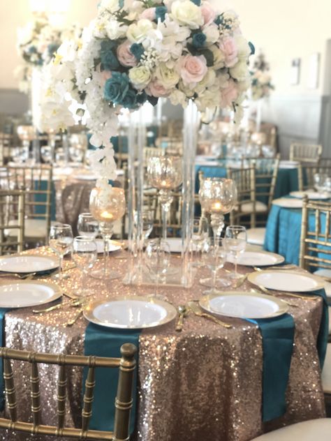 Teal and rose gold Teal Gold White Wedding Table Settings, Teal And Rose Gold Wedding Decorations, Rose Gold And Teal Wedding Theme, Teal Gold And White Wedding, Teal And Gold Quinceanera Theme, Teal Black And Gold Wedding, Turquoise And Rose Gold Wedding, Teal And Dusty Rose Wedding, Teal Blush Wedding