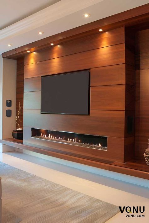 Contemporary Media Wall, Wall With Tv, Fireplace Accent Walls, Fireplace Update, Open Plan Kitchen Dining, House Loft, Entertainment Wall, Tv Room Design, Modern Minimalist Living Room