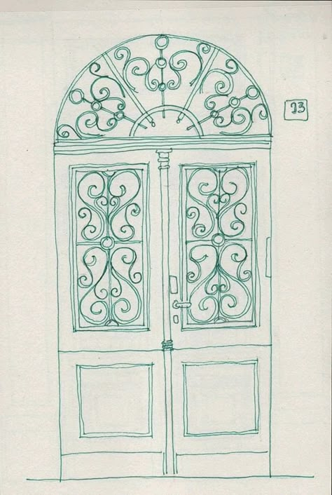 Fancy Door Drawing, Cool Sketch Ideas Vintage, Door Illustration Drawings, Door Tattoo Ideas, Door Design Drawing, Frame Drawing Ideas, Door Tattoos, Door Sketch, Drawing Paris