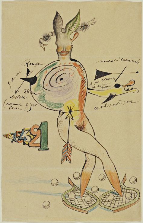 Cadavre Exquis with Yves Tanguy, Joan Miró, Max Morise, Man Ray (Emmanuel Radnitzky). Nude. 1926–27. Yves Tanguy, Joan Miró, Max Morise, Man Ray (Emmanuel Radnitzky). Composite drawing of ink, pencil, and colored pencil on paper. 14 1/8 x 9" (35.9 x 22.9 cm). Purchase. 260.1935. Drawings and Prints Yves Tanguy, George Grosz, Automatic Drawing, Exquisite Corpse, Max Ernst, Joan Miro, Man Ray, Art Brut, New Paris