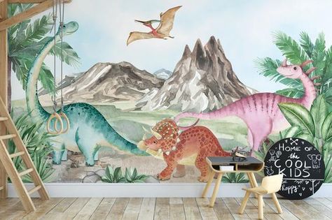 Wall Decoration Kindergarten, Volcano Wallpaper, Dinosaurs Wallpaper, Decoration Kindergarten, Jurassic World Wallpaper, Matt Wallpaper, Kindergarten Wallpaper, Playroom Wallpaper, Coastal Wallpaper