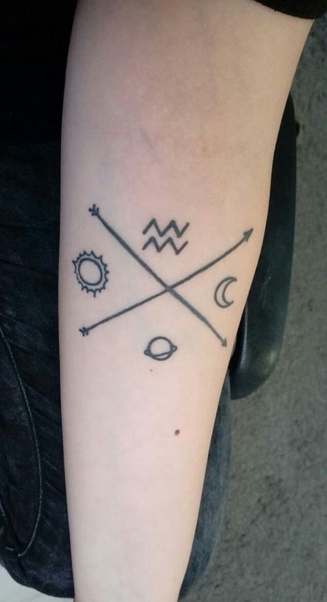 Moon And Saturn Tattoo, Moon Aquarius, Moon And Saturn, Aquarius Sun, All Seeing Eye Tattoo, Aries Moon, Saturn Tattoo, Aquarius Tattoo, Zodiac Sign Tattoos