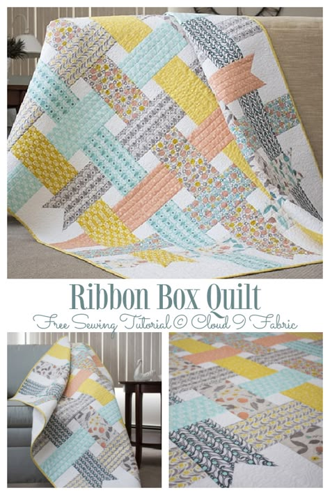 Ribbon Box Quilt Pattern Free, Ribbon Quilt Block, Ribbon Quilt Pattern Free, Fat Quarter Projects Quilt, Ribbon Box Quilt, Ribbon Quilt Pattern, Fat Quarter Baby Quilt, Ribbon Quilts, Unique Quilt Patterns