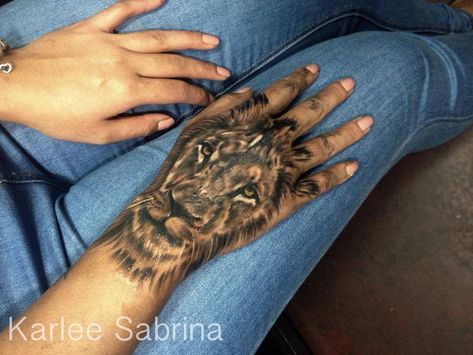 Lion hand tattoo done by Karlee Sabrina, a tattoo artist located in Queensland, Australia. Lion Tattoo Images, Female Lion Tattoo, Lion Hand Tattoo, Tattoo Lion, Tattoo On Hand, Army Tattoos, Female Lion, Hand Tattoos For Girls, Lion Head Tattoos